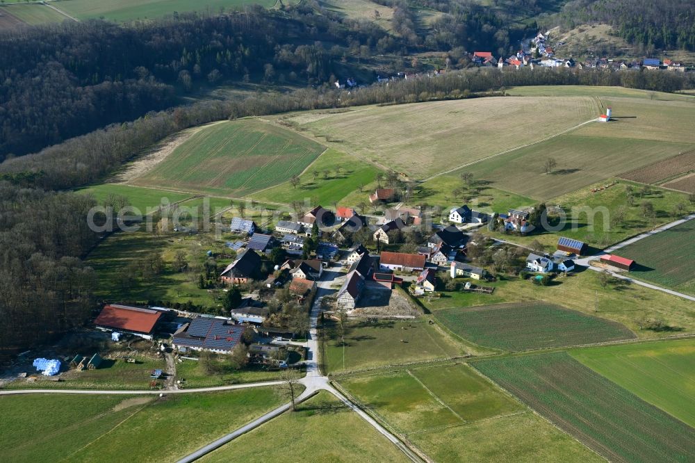 Aerial photograph Niedernhall - Agricultural land and field boundaries surround the settlement area of the village in Niedernhall in the state Baden-Wuerttemberg, Germany