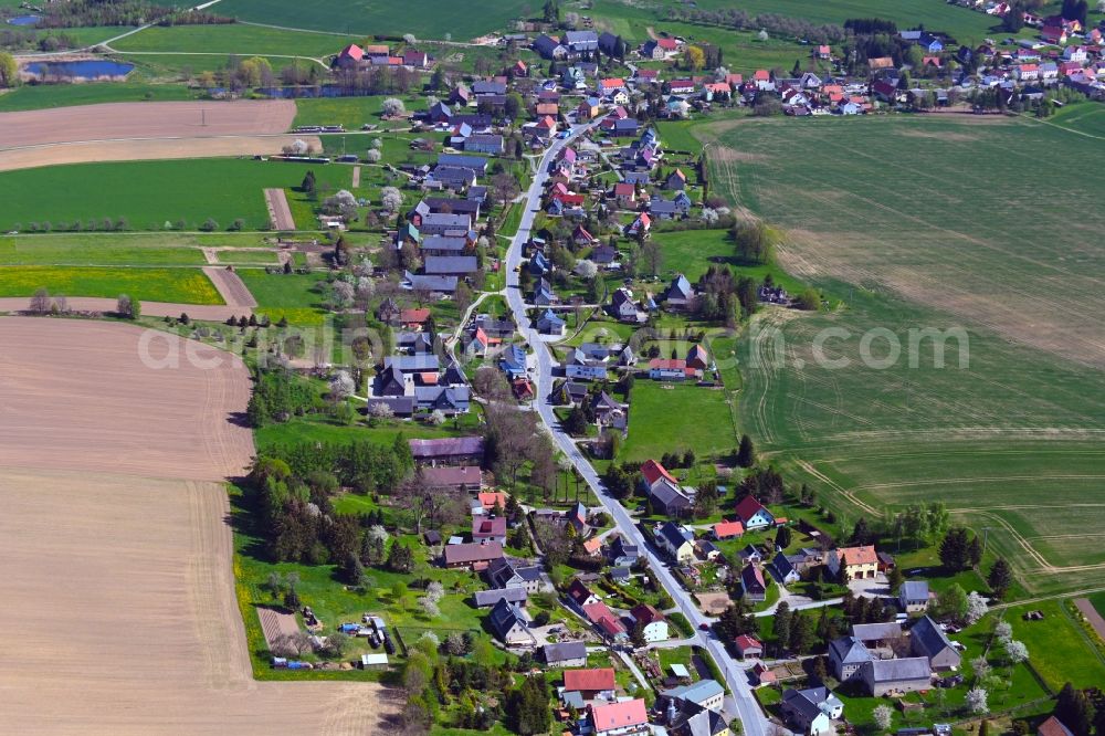 Aerial image Niederottendorf - Agricultural land and field boundaries surround the settlement area of the village along Bischofswerdaer Strasse in Niederottendorf in the state Saxony, Germany