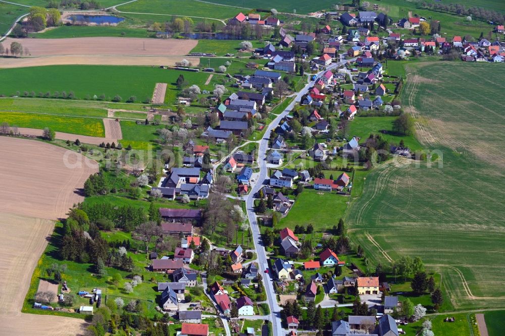 Niederottendorf from above - Agricultural land and field boundaries surround the settlement area of the village along Bischofswerdaer Strasse in Niederottendorf in the state Saxony, Germany