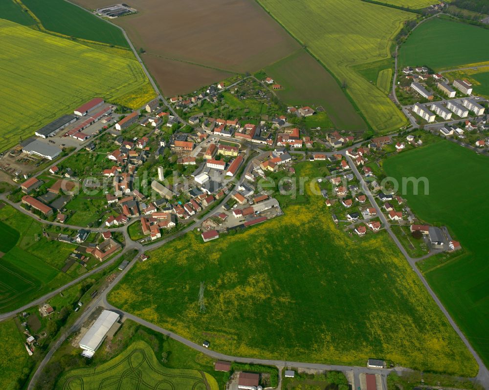 Aerial photograph Niederpöllnitz - Agricultural land and field boundaries surround the settlement area of the village in Niederpöllnitz in the state Thuringia, Germany