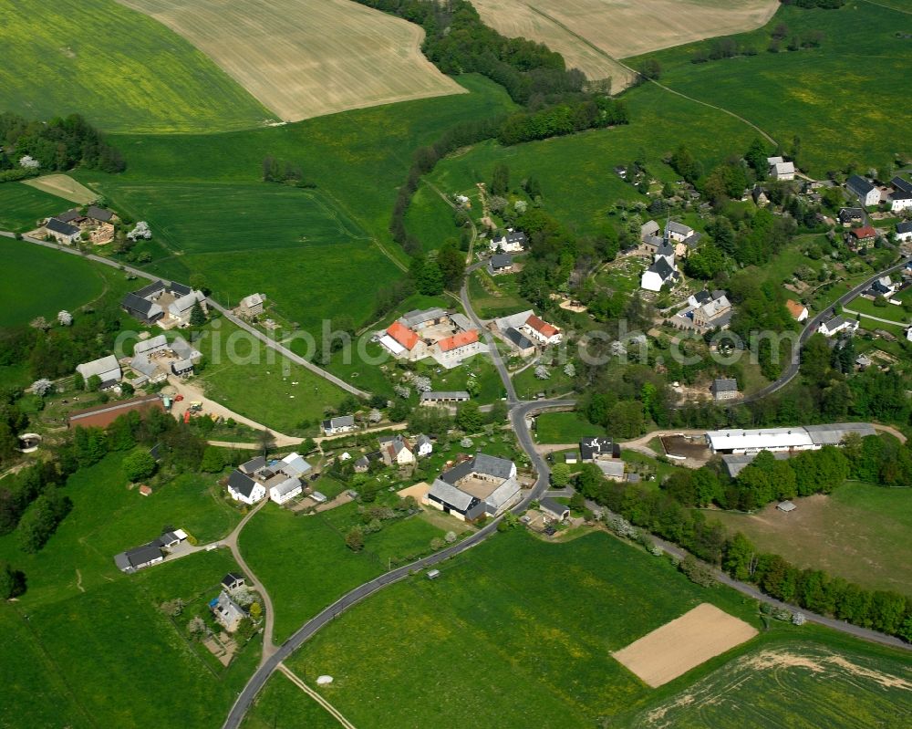 Aerial image Niederrossau - Agricultural land and field boundaries surround the settlement area of the village in Niederrossau in the state Saxony, Germany