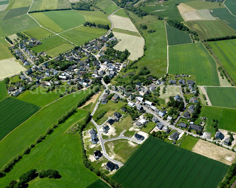 Aerial image Niedersohren - Agricultural land and field boundaries surround the settlement area of the village in Niedersohren in the state Rhineland-Palatinate, Germany