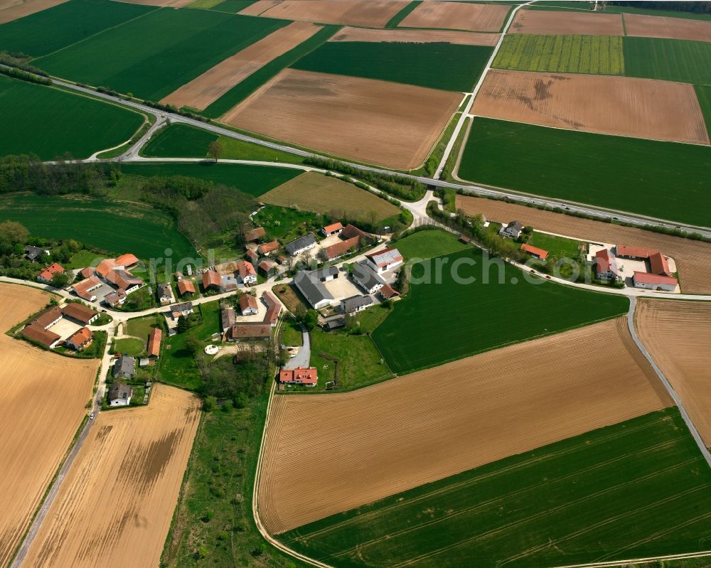 Aerial image Niederwalting - Agricultural land and field boundaries surround the settlement area of the village in Niederwalting in the state Bavaria, Germany