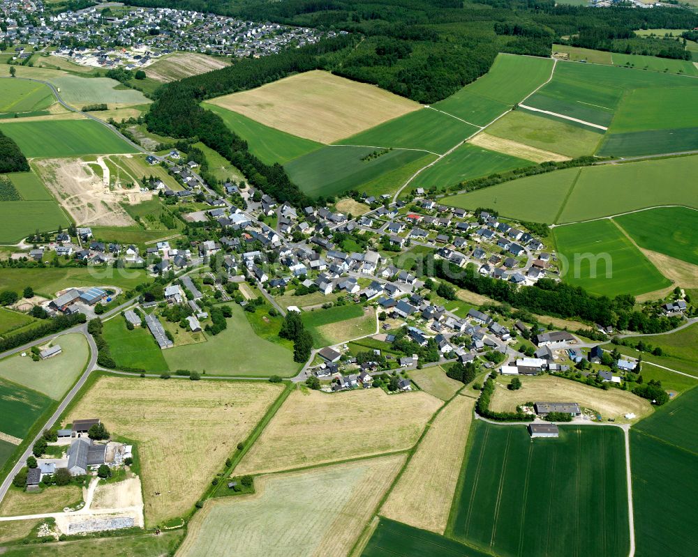 Niederweiler from above - Agricultural land and field boundaries surround the settlement area of the village in Niederweiler in the state Rhineland-Palatinate, Germany