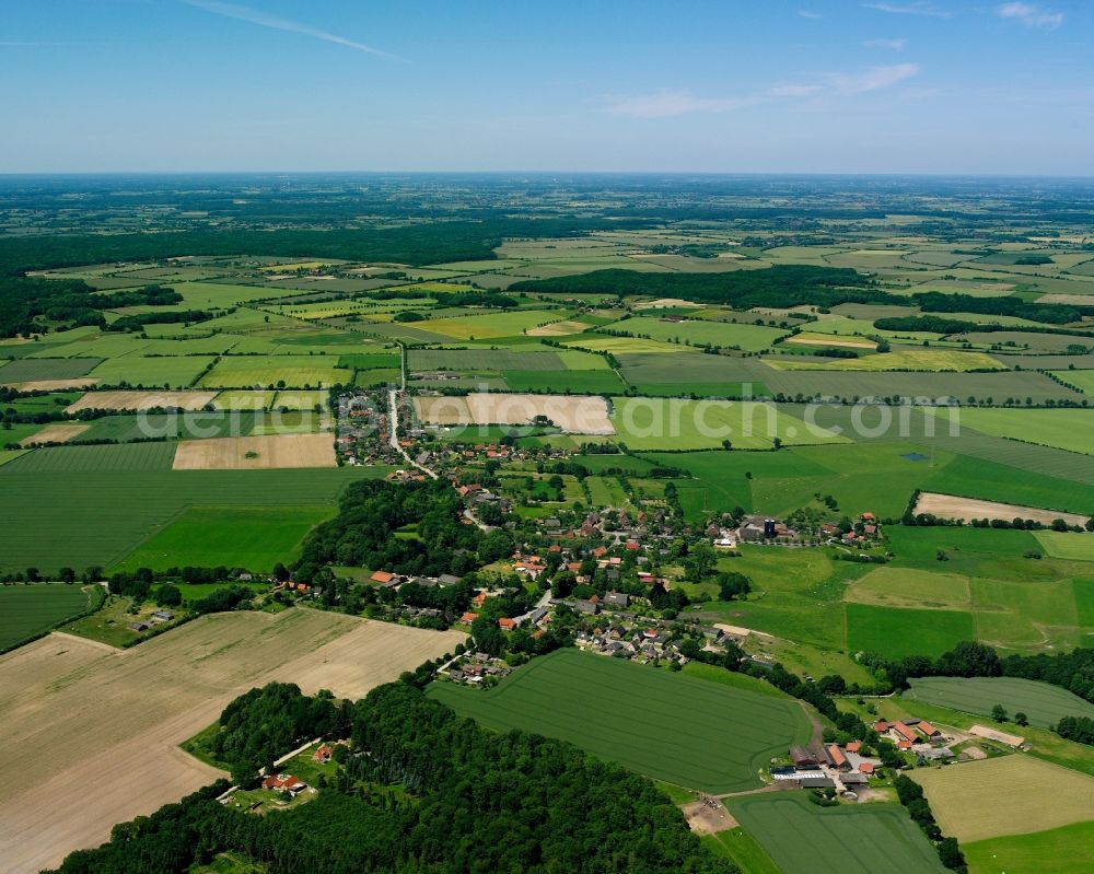 Aerial photograph Niendorf - Agricultural land and field boundaries surround the settlement area of the village in Niendorf in the state Schleswig-Holstein, Germany