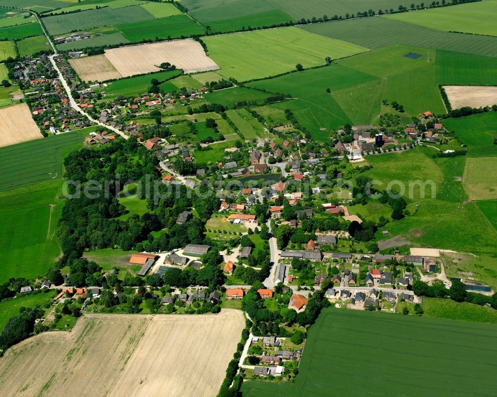 Niendorf from above - Agricultural land and field boundaries surround the settlement area of the village in Niendorf in the state Schleswig-Holstein, Germany