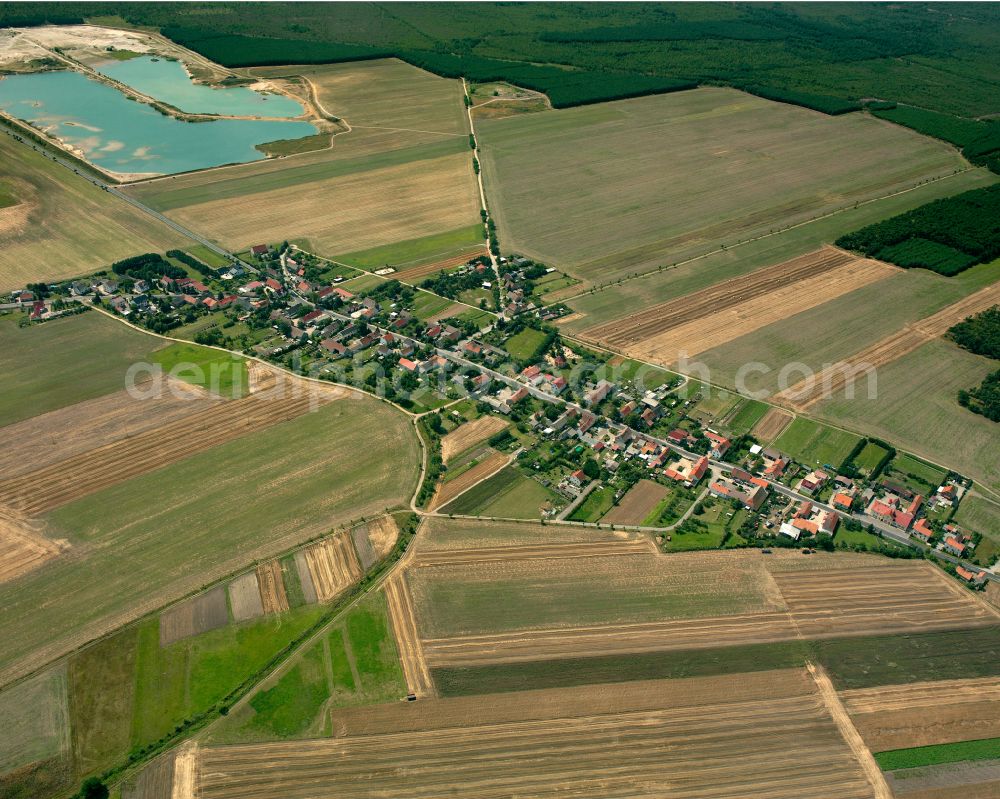 Nieska from above - Agricultural land and field boundaries surround the settlement area of the village in Nieska in the state Saxony, Germany