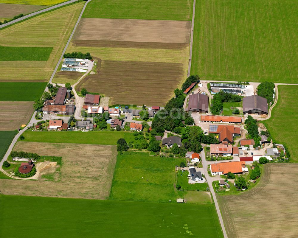 Nordhofen from above - Agricultural land and field boundaries surround the settlement area of the village in Nordhofen in the state Baden-Wuerttemberg, Germany