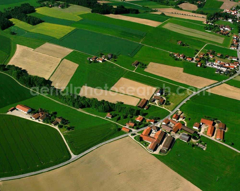 Aerial photograph Nuppling - Agricultural land and field boundaries surround the settlement area of the village in Nuppling in the state Bavaria, Germany