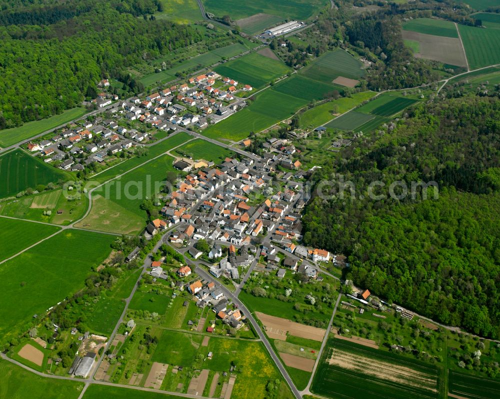 Ober-Bessingen from the bird's eye view: Agricultural land and field boundaries surround the settlement area of the village in Ober-Bessingen in the state Hesse, Germany