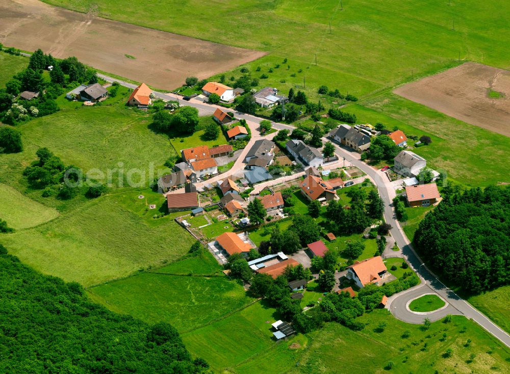 Ober-Gerbacherhof from above - Agricultural land and field boundaries surround the settlement area of the village in Ober-Gerbacherhof in the state Rhineland-Palatinate, Germany