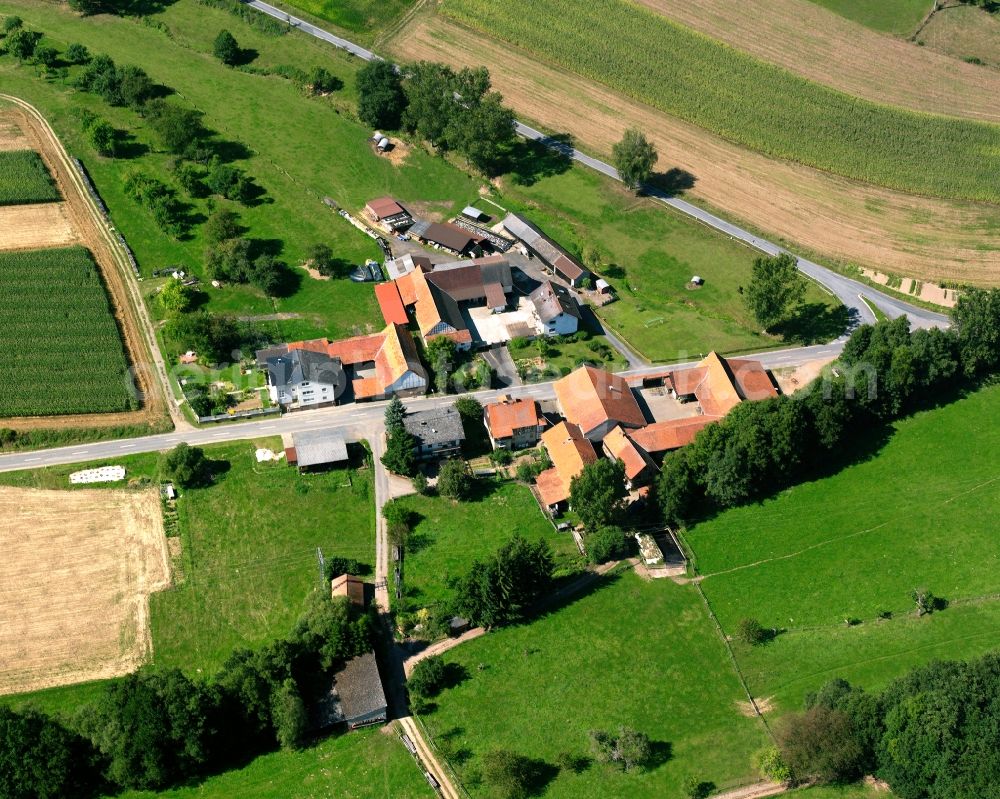 Aerial photograph Ober-Kinzig - Agricultural land and field boundaries surround the settlement area of the village in Ober-Kinzig in the state Hesse, Germany