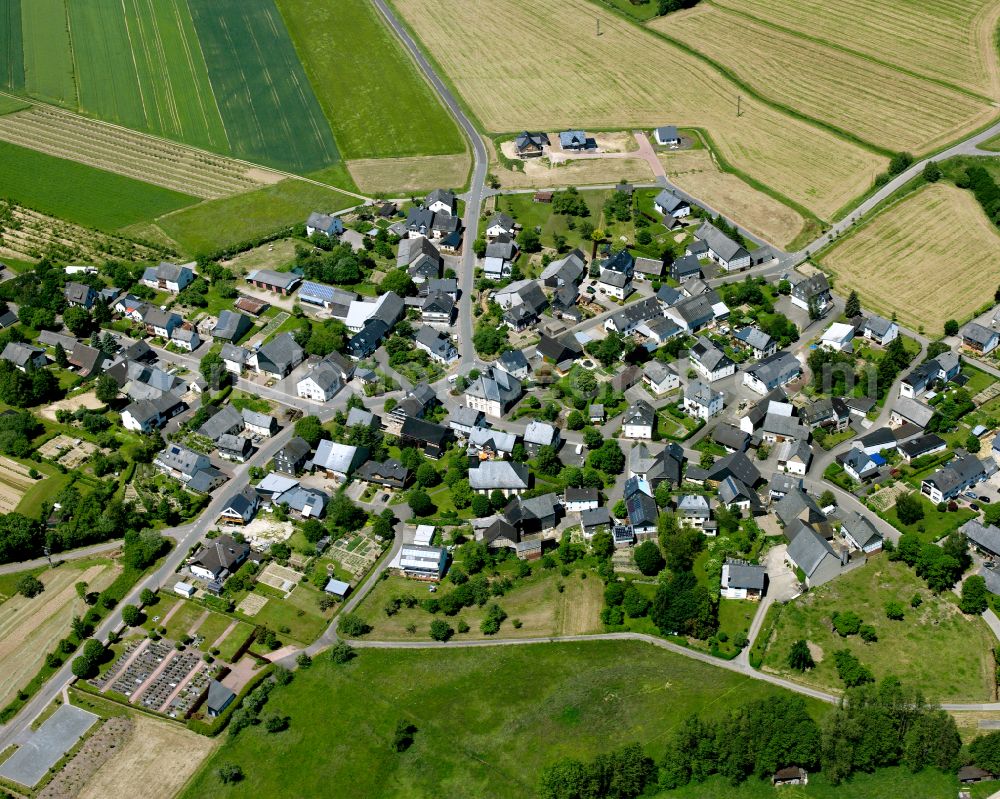 Aerial photograph Ober Kostenz - Agricultural land and field boundaries surround the settlement area of the village in Ober Kostenz in the state Rhineland-Palatinate, Germany