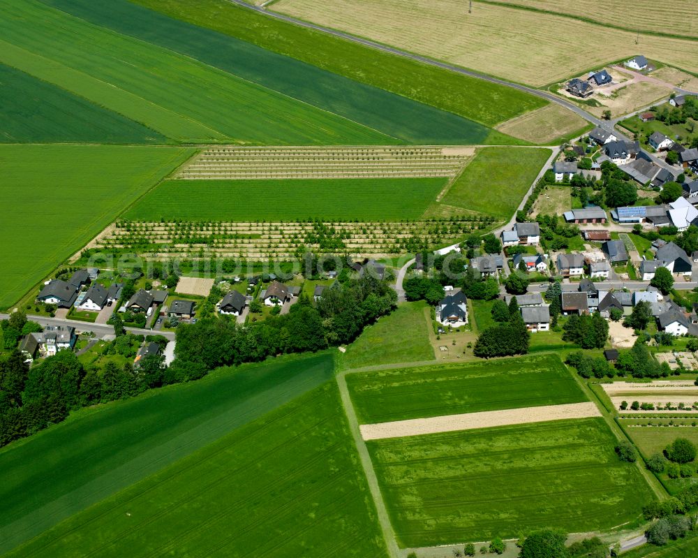 Ober Kostenz from above - Agricultural land and field boundaries surround the settlement area of the village in Ober Kostenz in the state Rhineland-Palatinate, Germany