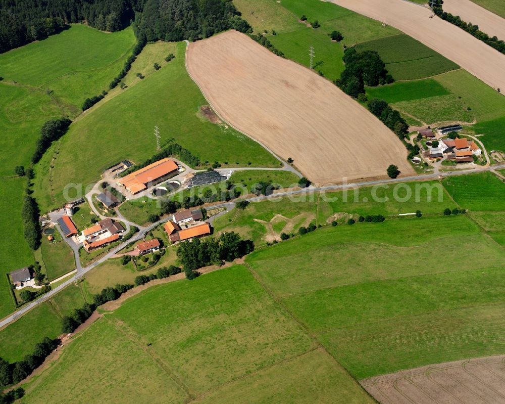 Ober-Mossau from the bird's eye view: Agricultural land and field boundaries surround the settlement area of the village in Ober-Mossau in the state Hesse, Germany