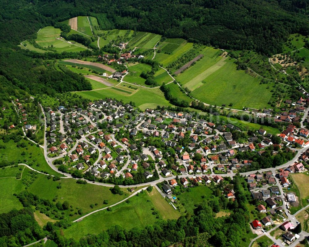 Aerial image Oberbrüden - Agricultural land and field boundaries surround the settlement area of the village in Oberbrüden in the state Baden-Wuerttemberg, Germany