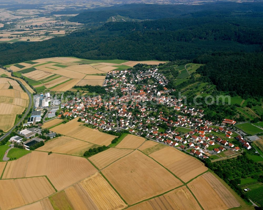 Obereisesheim from the bird's eye view: Agricultural land and field boundaries surround the settlement area of the village in Obereisesheim in the state Baden-Wuerttemberg, Germany