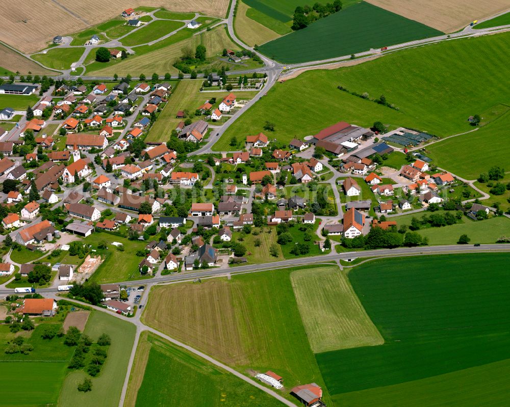 Aerial image Oberessendorf - Agricultural land and field boundaries surround the settlement area of the village in Oberessendorf in the state Baden-Wuerttemberg, Germany