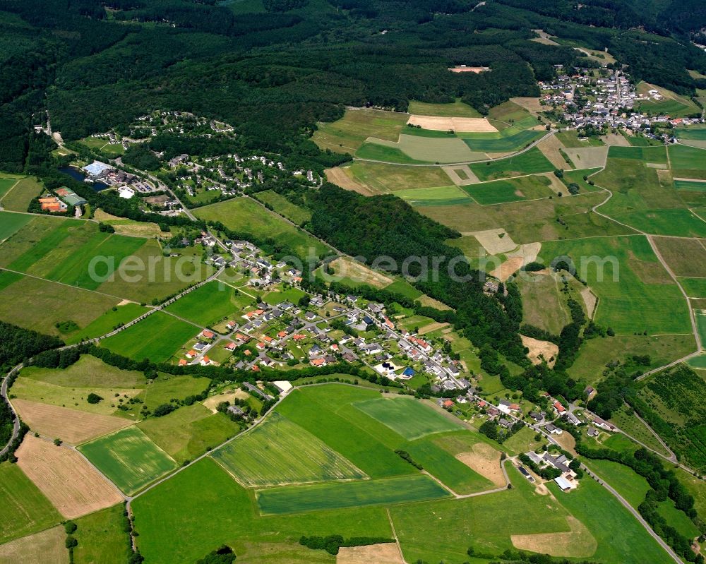 Oberhambach from the bird's eye view: Agricultural land and field boundaries surround the settlement area of the village in Oberhambach in the state Rhineland-Palatinate, Germany