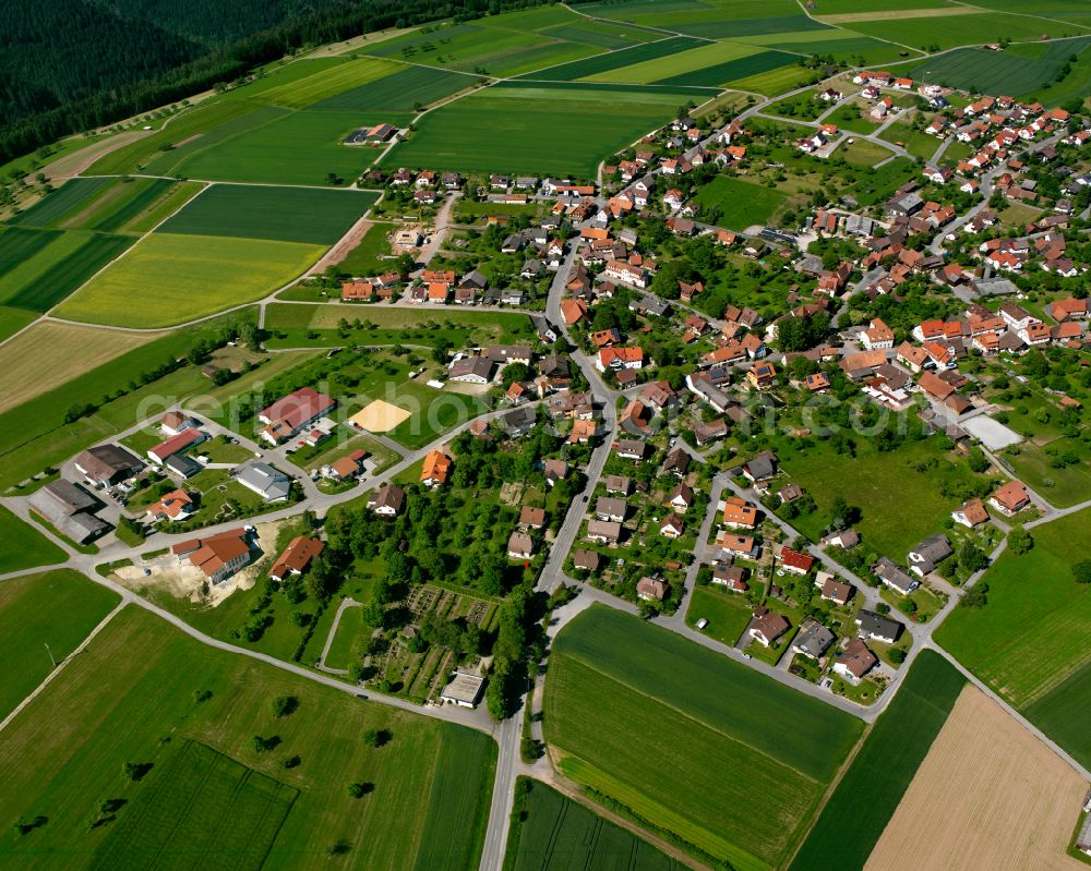 Aerial photograph Oberhaugstett - Agricultural land and field boundaries surround the settlement area of the village in Oberhaugstett in the state Baden-Wuerttemberg, Germany