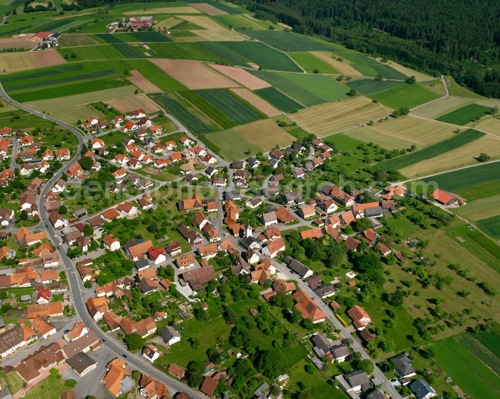 Aerial photograph Oberhaugstett - Agricultural land and field boundaries surround the settlement area of the village in Oberhaugstett in the state Baden-Wuerttemberg, Germany