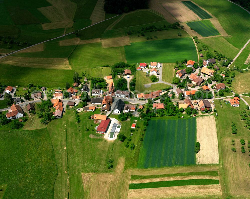 Oberhaugstett from above - Agricultural land and field boundaries surround the settlement area of the village in Oberhaugstett in the state Baden-Wuerttemberg, Germany