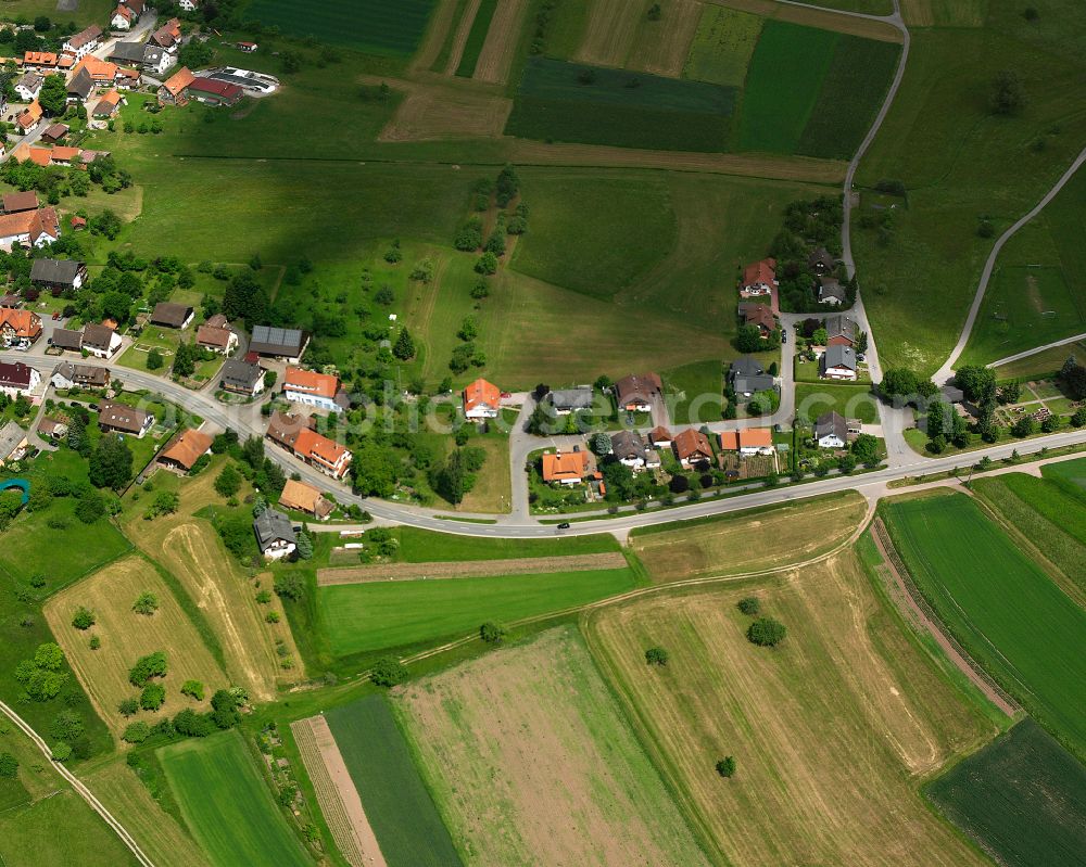 Aerial image Oberhaugstett - Agricultural land and field boundaries surround the settlement area of the village in Oberhaugstett in the state Baden-Wuerttemberg, Germany