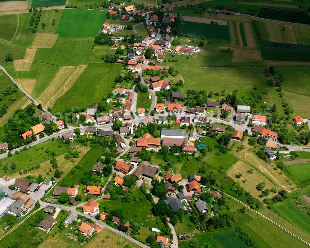 Aerial photograph Oberhaugstett - Agricultural land and field boundaries surround the settlement area of the village in Oberhaugstett in the state Baden-Wuerttemberg, Germany