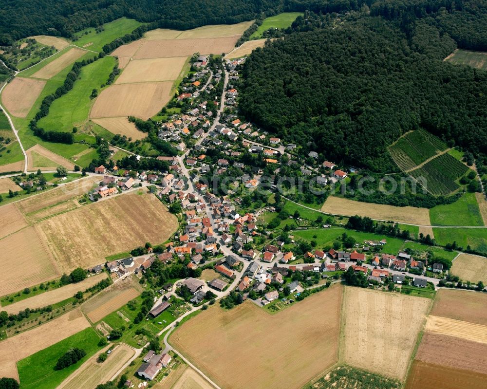 Oberheinriet from the bird's eye view: Agricultural land and field boundaries surround the settlement area of the village in Oberheinriet in the state Baden-Wuerttemberg, Germany