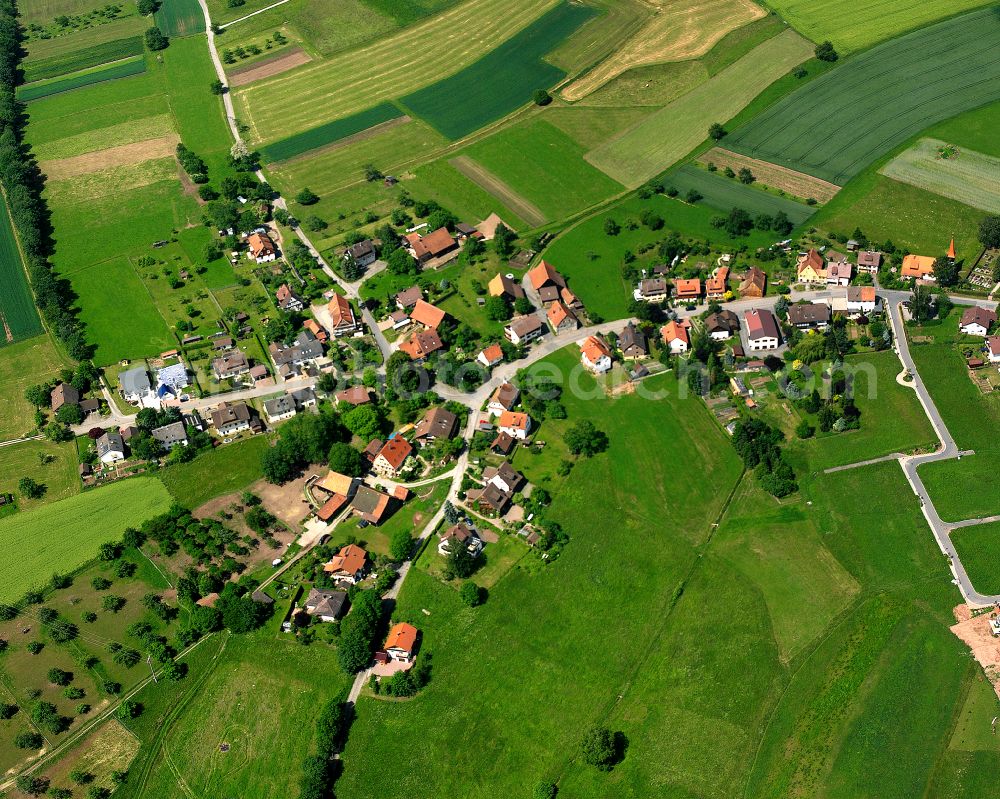 Aerial photograph Oberkollbach - Agricultural land and field boundaries surround the settlement area of the village in Oberkollbach in the state Baden-Wuerttemberg, Germany