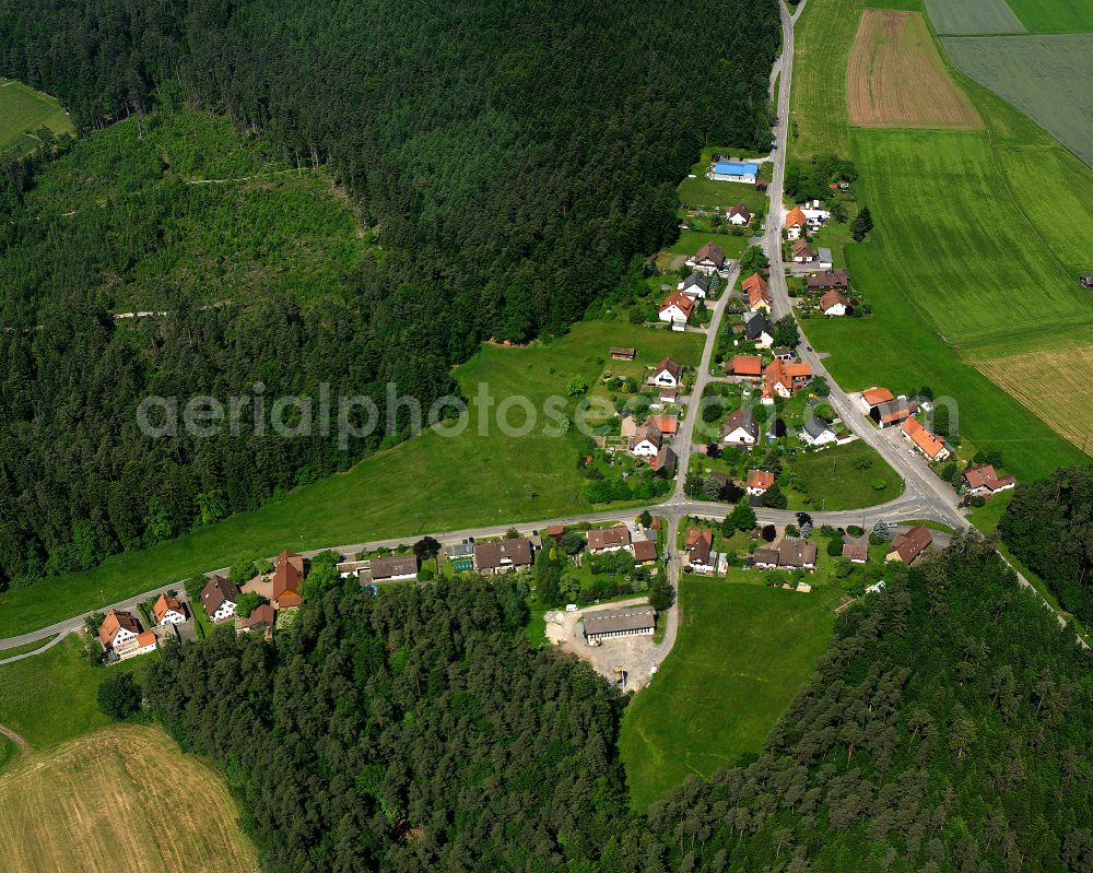 Aerial photograph Oberkollbach - Agricultural land and field boundaries surround the settlement area of the village in Oberkollbach in the state Baden-Wuerttemberg, Germany