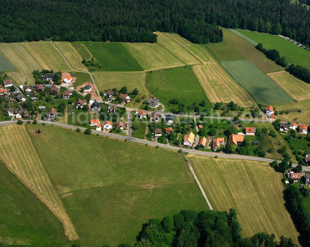 Oberlengenhardt from above - Agricultural land and field boundaries surround the settlement area of the village in Oberlengenhardt in the state Baden-Wuerttemberg, Germany