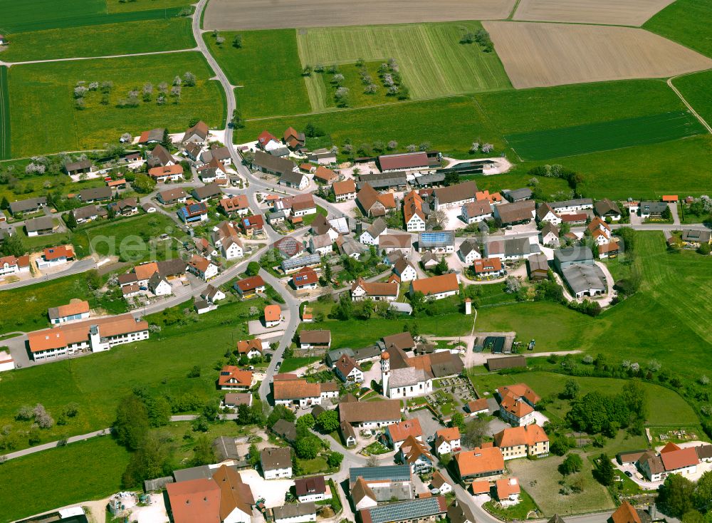 Obermarchtal from above - Agricultural land and field boundaries surround the settlement area of the village in Obermarchtal in the state Baden-Wuerttemberg, Germany