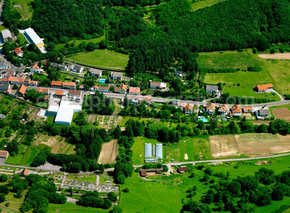 Obermoschel from the bird's eye view: Agricultural land and field boundaries surround the settlement area of the village in Obermoschel in the state Rhineland-Palatinate, Germany