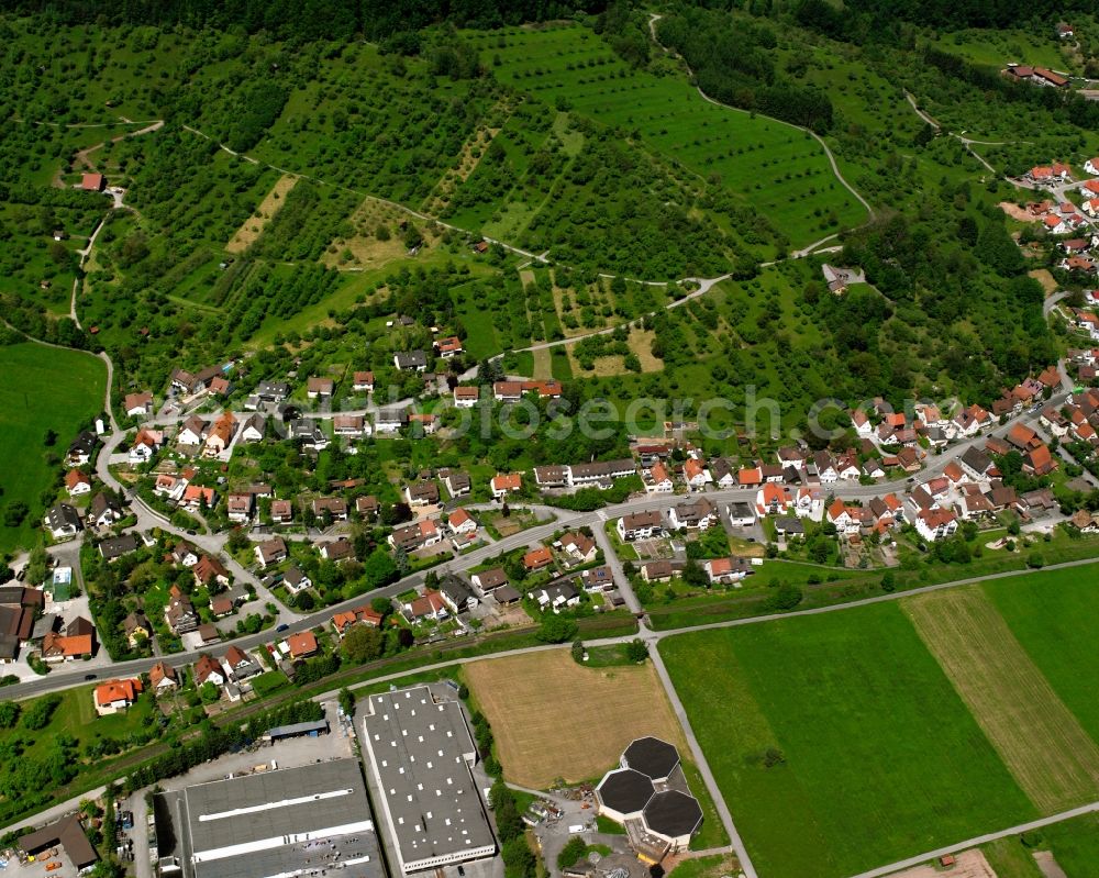 Aerial image Oberndorf - Agricultural land and field boundaries surround the settlement area of the village in Oberndorf in the state Baden-Wuerttemberg, Germany