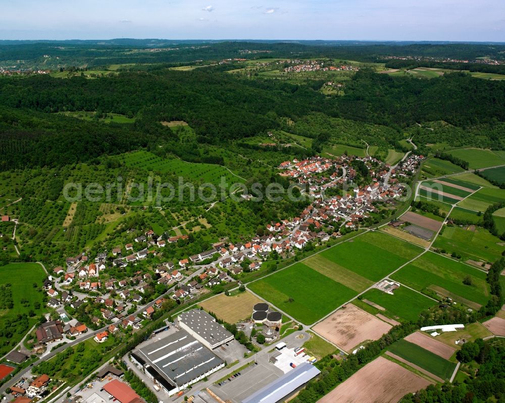 Aerial photograph Oberndorf - Agricultural land and field boundaries surround the settlement area of the village in Oberndorf in the state Baden-Wuerttemberg, Germany