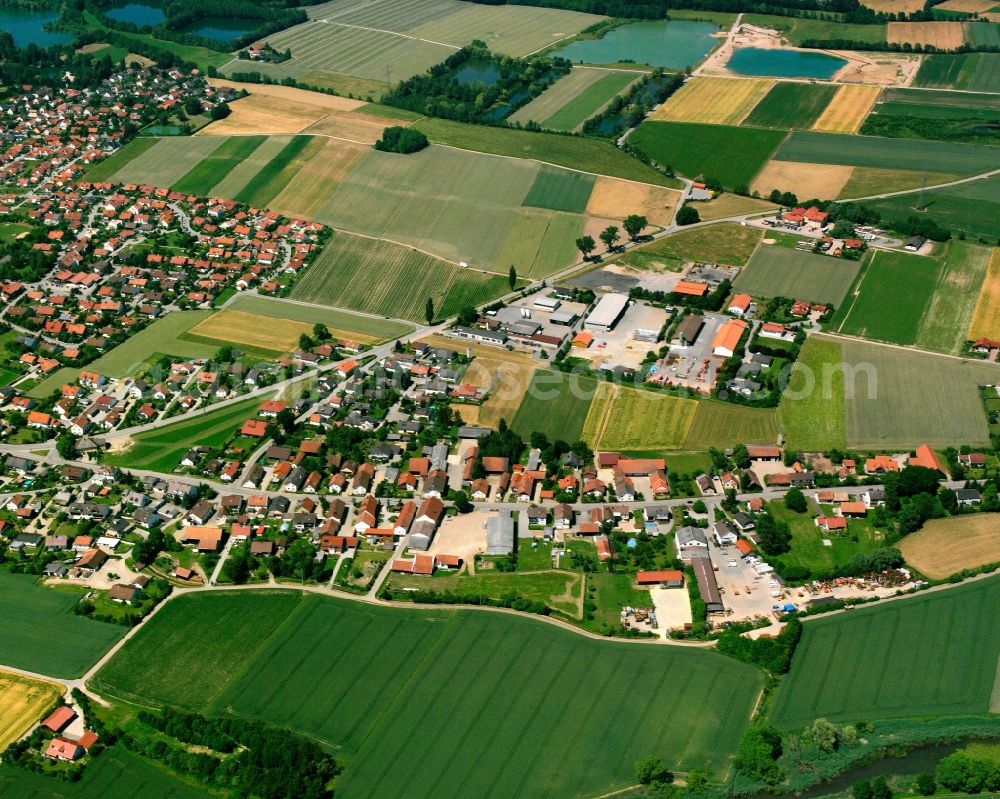 Oberparkstetten from above - Agricultural land and field boundaries surround the settlement area of the village in Oberparkstetten in the state Bavaria, Germany