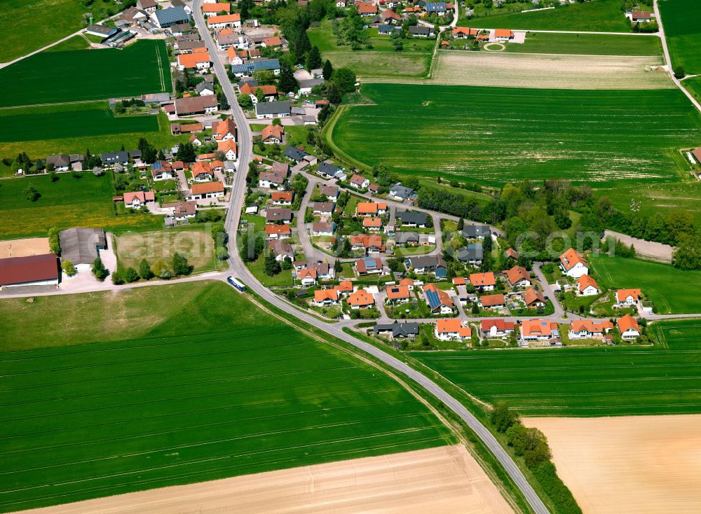 Oberstadion from the bird's eye view: Agricultural land and field boundaries surround the settlement area of the village in Oberstadion in the state Baden-Wuerttemberg, Germany