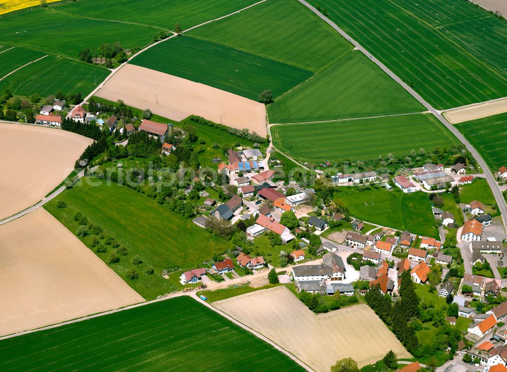 Oberstadion from above - Agricultural land and field boundaries surround the settlement area of the village in Oberstadion in the state Baden-Wuerttemberg, Germany