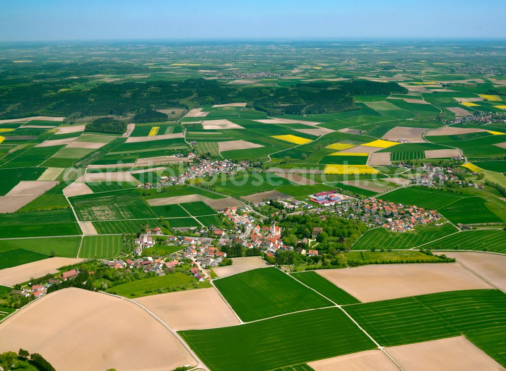 Oberstadion from the bird's eye view: Agricultural land and field boundaries surround the settlement area of the village in Oberstadion in the state Baden-Wuerttemberg, Germany