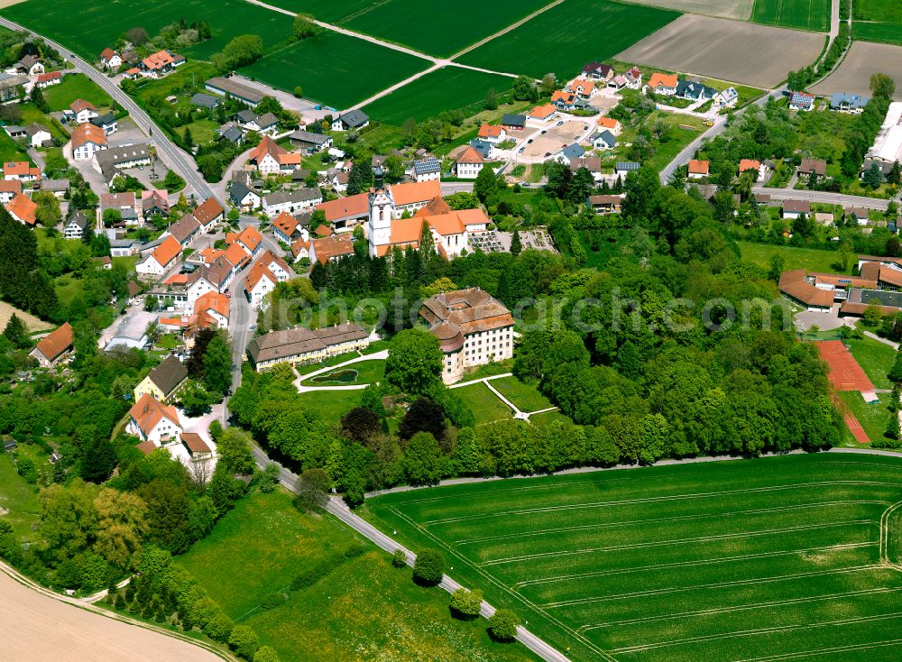 Oberstadion from above - Agricultural land and field boundaries surround the settlement area of the village in Oberstadion in the state Baden-Wuerttemberg, Germany