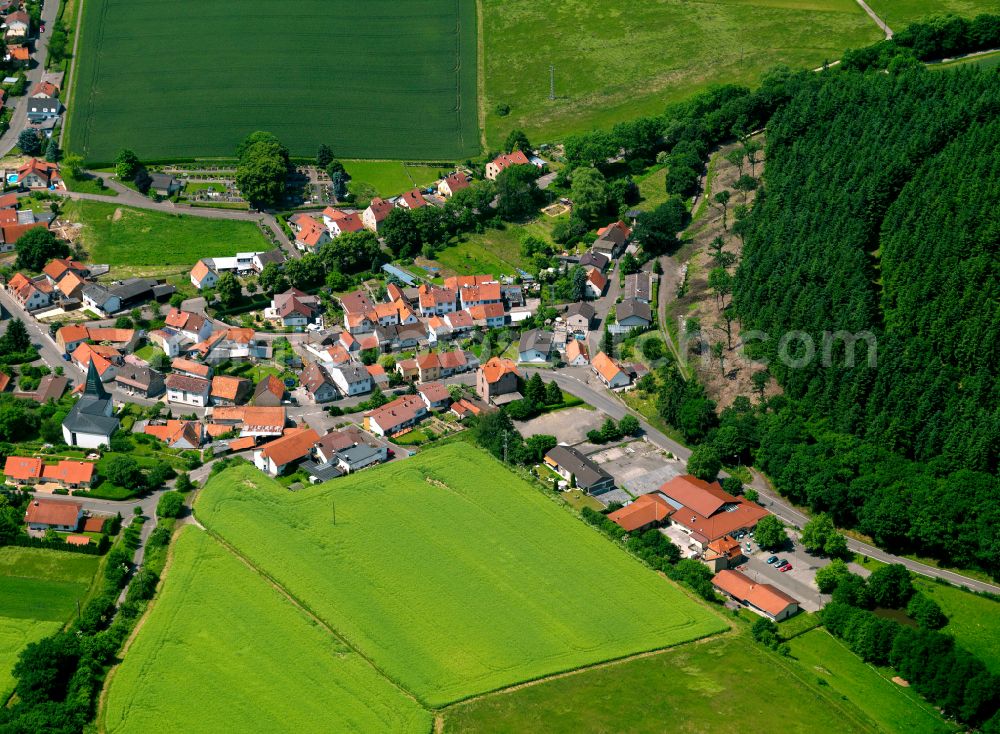 Aerial image Oberwiesen - Agricultural land and field boundaries surround the settlement area of the village in Oberwiesen in the state Rhineland-Palatinate, Germany