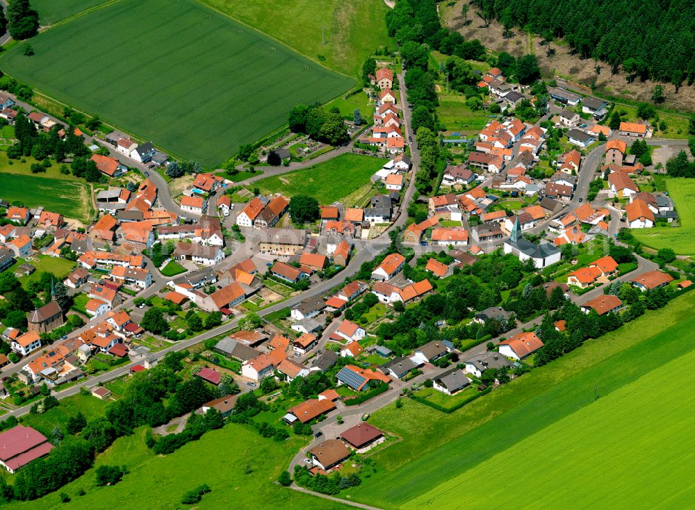 Oberwiesen from above - Agricultural land and field boundaries surround the settlement area of the village in Oberwiesen in the state Rhineland-Palatinate, Germany