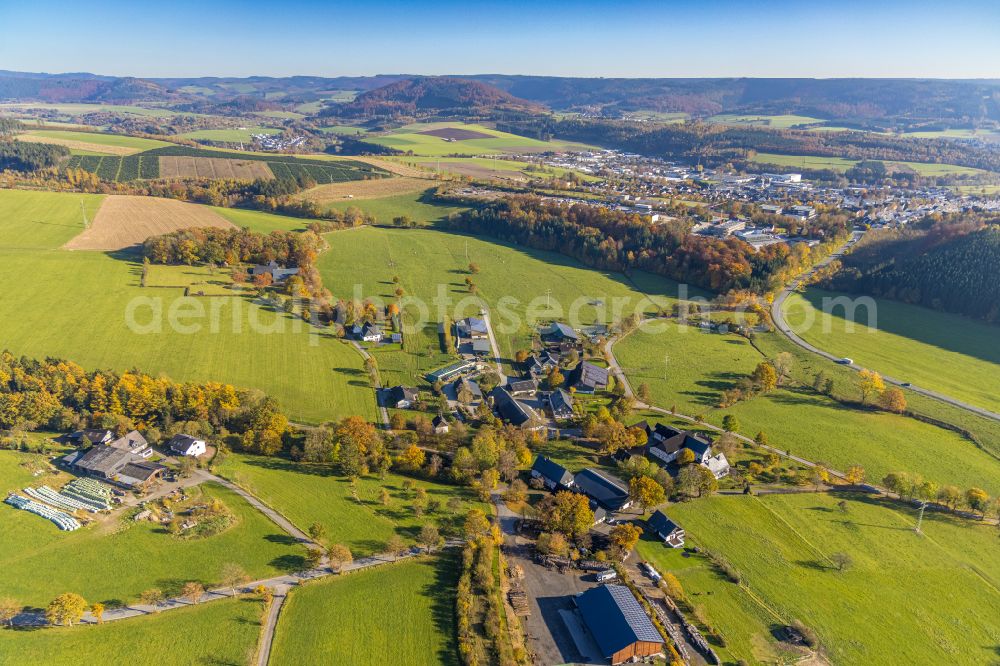 Obringhausen from the bird's eye view: Agricultural land and field boundaries surround the settlement area of the village in Obringhausen in the state North Rhine-Westphalia, Germany