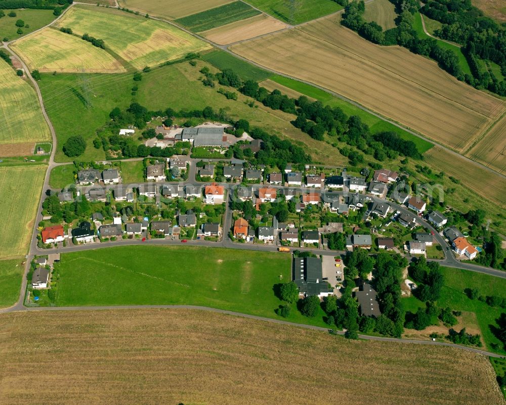 Aerial photograph Odenhausen - Agricultural land and field boundaries surround the settlement area of the village in Odenhausen in the state Hesse, Germany