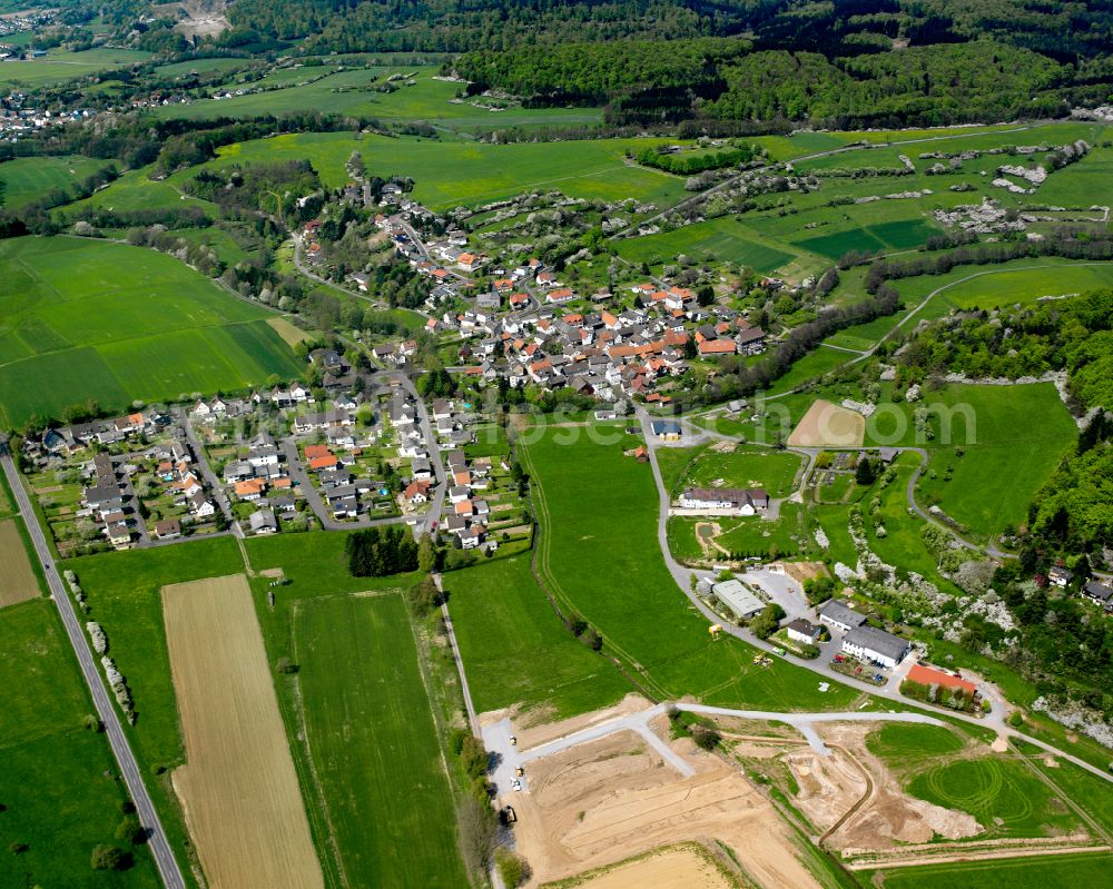 Odenhausen from the bird's eye view: Agricultural land and field boundaries surround the settlement area of the village in Odenhausen in the state Hesse, Germany