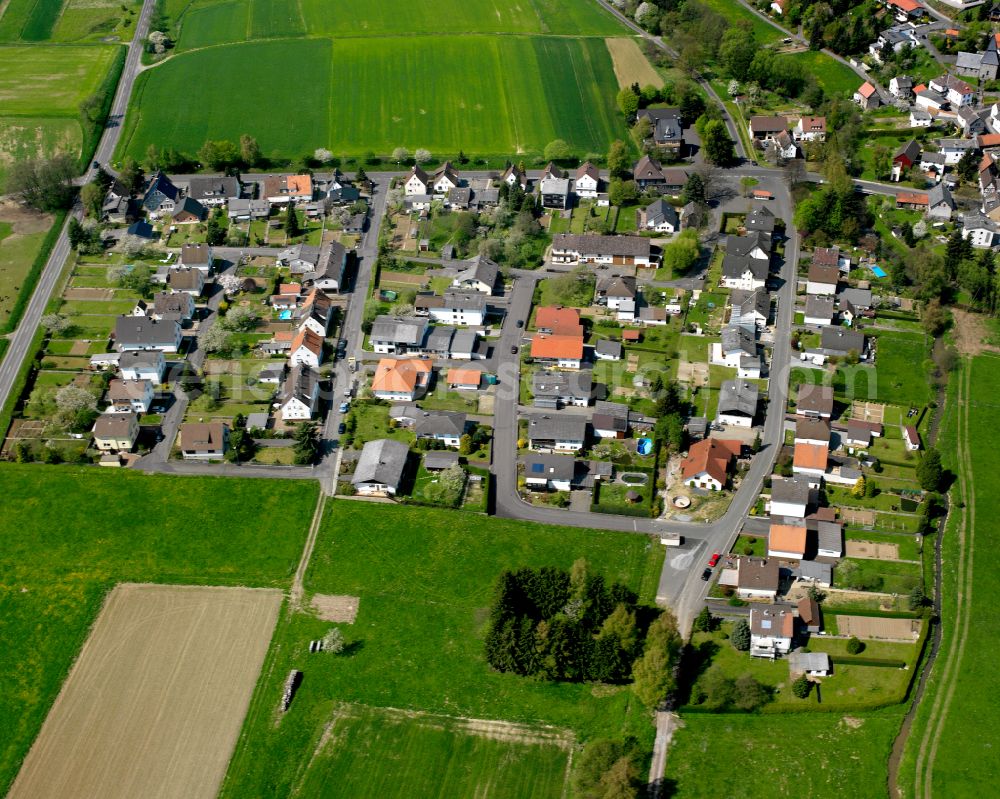 Aerial photograph Odenhausen - Agricultural land and field boundaries surround the settlement area of the village in Odenhausen in the state Hesse, Germany