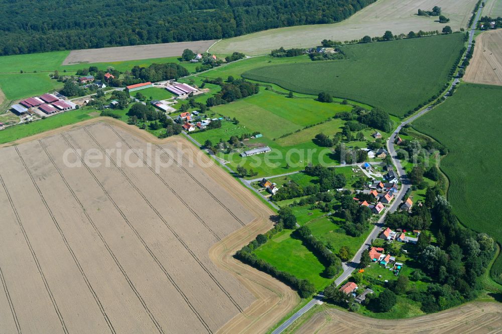 Oebelitz from above - Agricultural land and field boundaries surround the settlement area of the village in Oebelitz in the state Mecklenburg - Western Pomerania, Germany