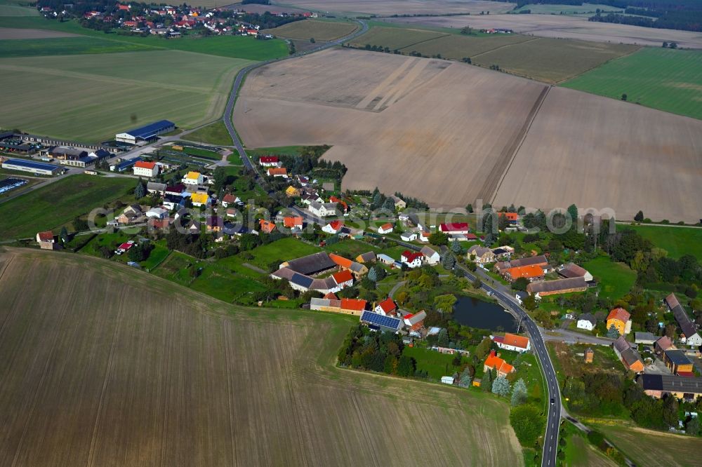 Ogkeln from the bird's eye view: Agricultural land and field boundaries surround the settlement area of the village in Ogkeln in the state Saxony-Anhalt, Germany