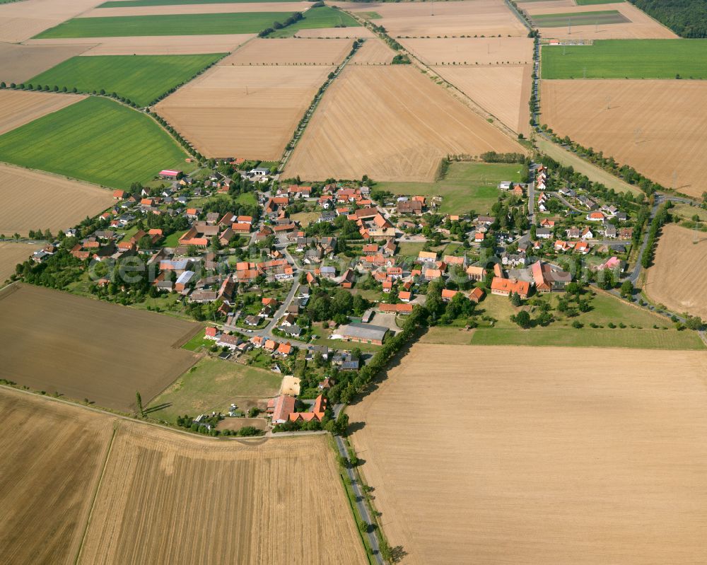 Aerial image Ohlendorf - Agricultural land and field boundaries surround the settlement area of the village in Ohlendorf in the state Lower Saxony, Germany